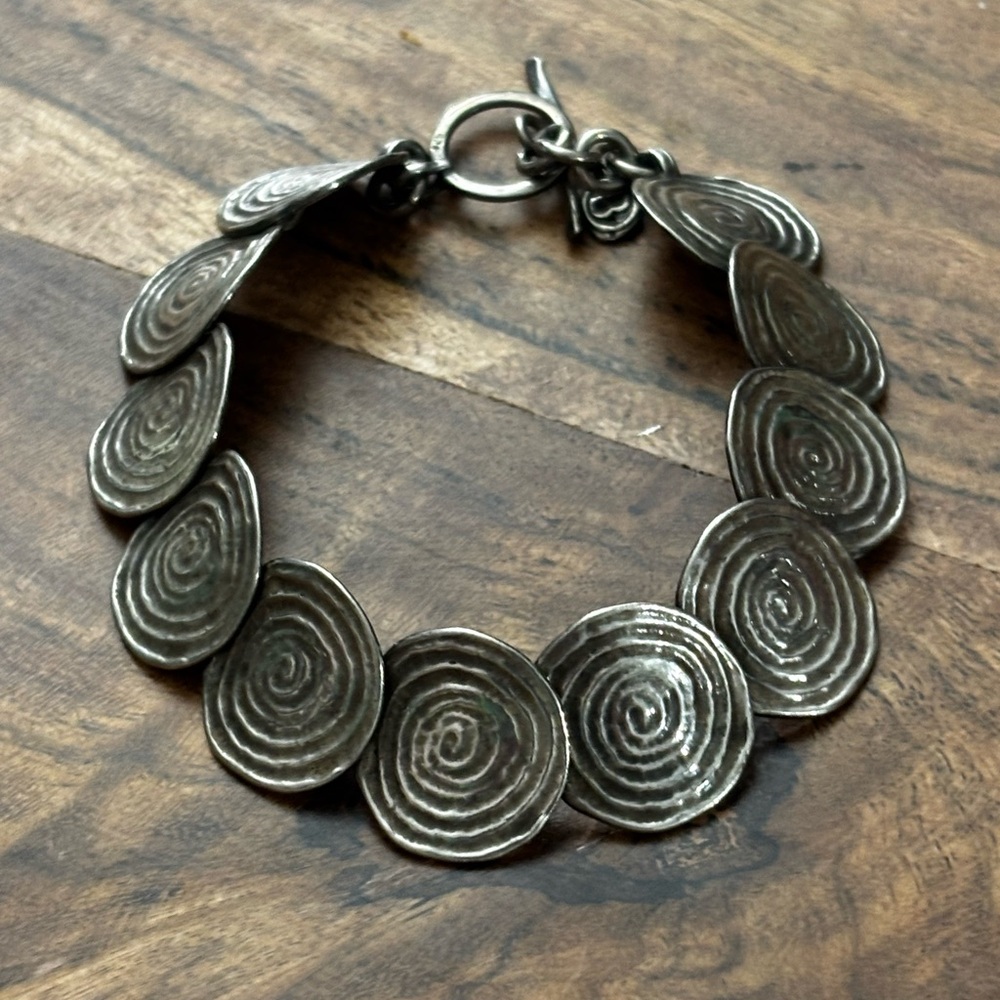 Or Paz Textured Spiral Disc Silver toggle  Bracelet hammered